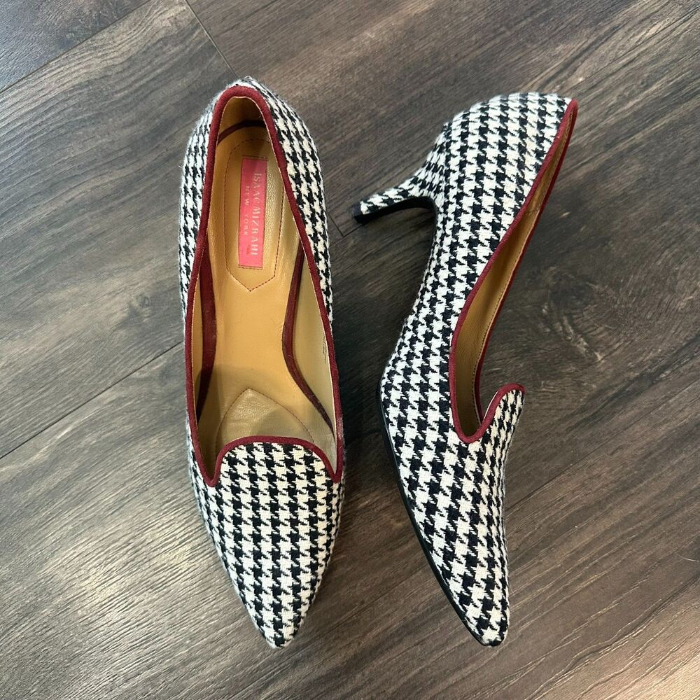 Vintage Houndstooth Kitten Heels Pumps Isaac Mizrahi NY Point Toe Red Trim Sz 10